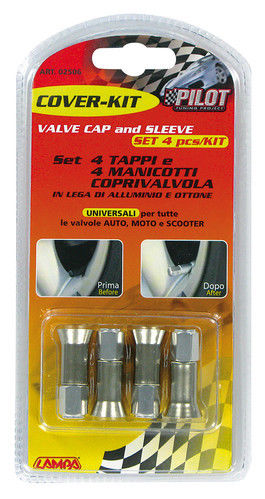 Cover-Kit Set 4 tappi e 4 manicotti coprivalvola, in lega di alluminio e ottone.